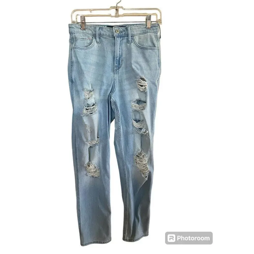 Hollister Lightwash Destressed Jeans Utra High Rise Mom Jean 5R W27 L27
